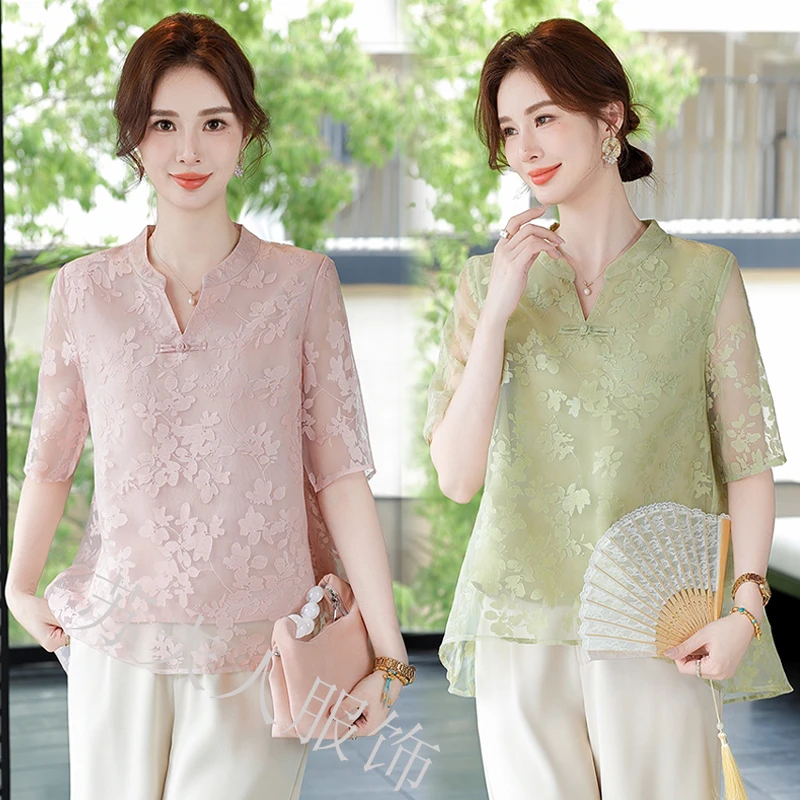 母亲节中年妈妈夏装短袖T恤上衣中老年女夏季洋气宽松新中式小衫