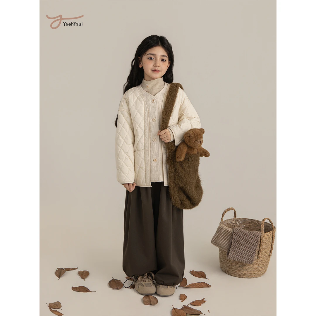 幼悠女童冬装复古菱格绗线假两件棉服外套日韩童装儿童衣服CD1992