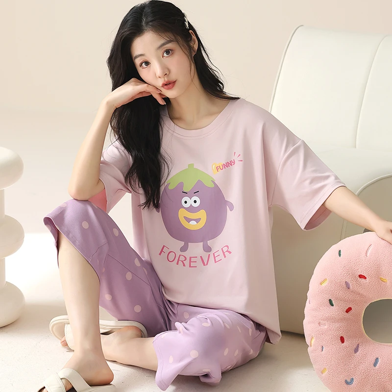 卡之恋夏季女士睡衣短袖七分裤套装简约纯棉家居服