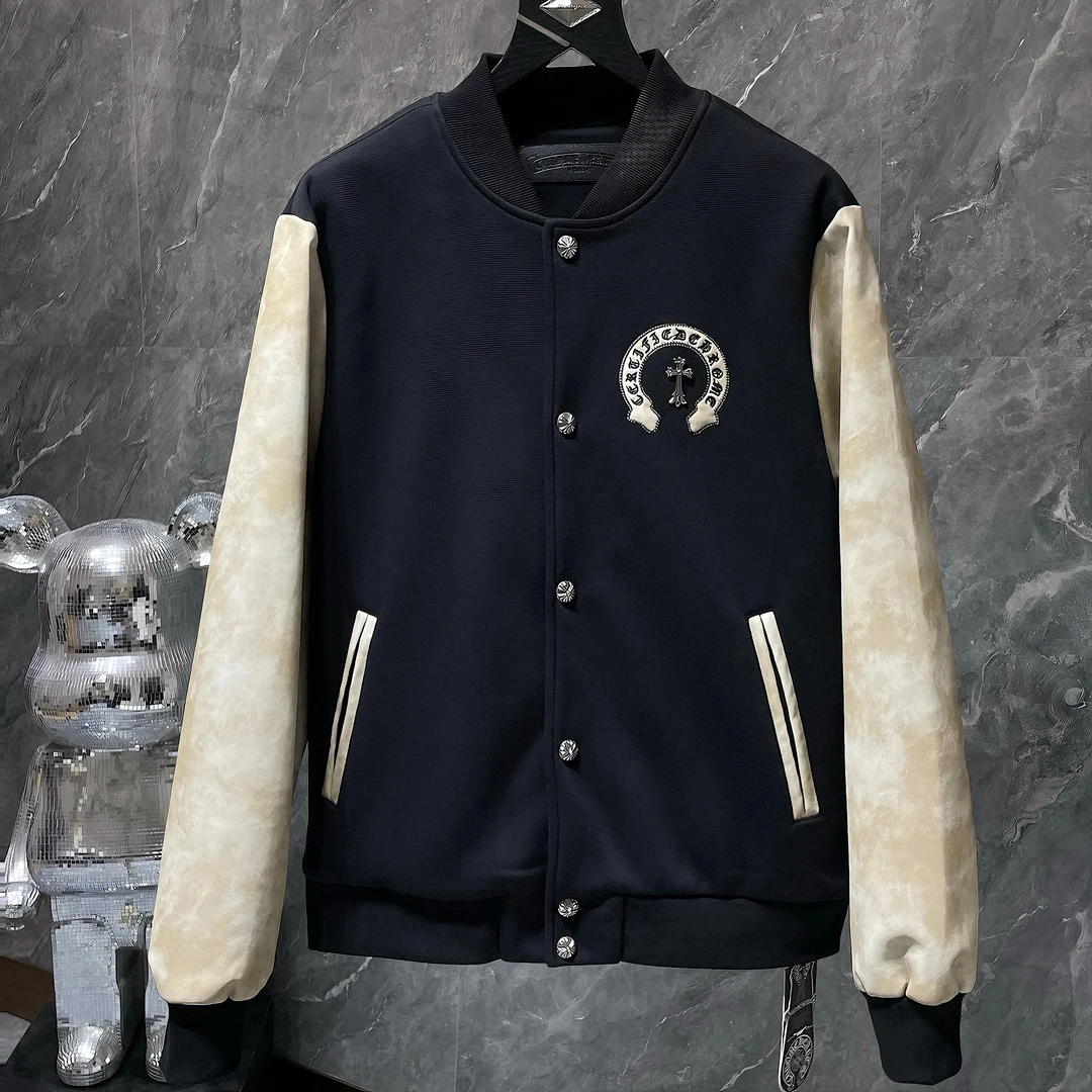 法尔利格新款美式潮牌梵文十字架皮袖拼接夹克男士情侣棒球服外套