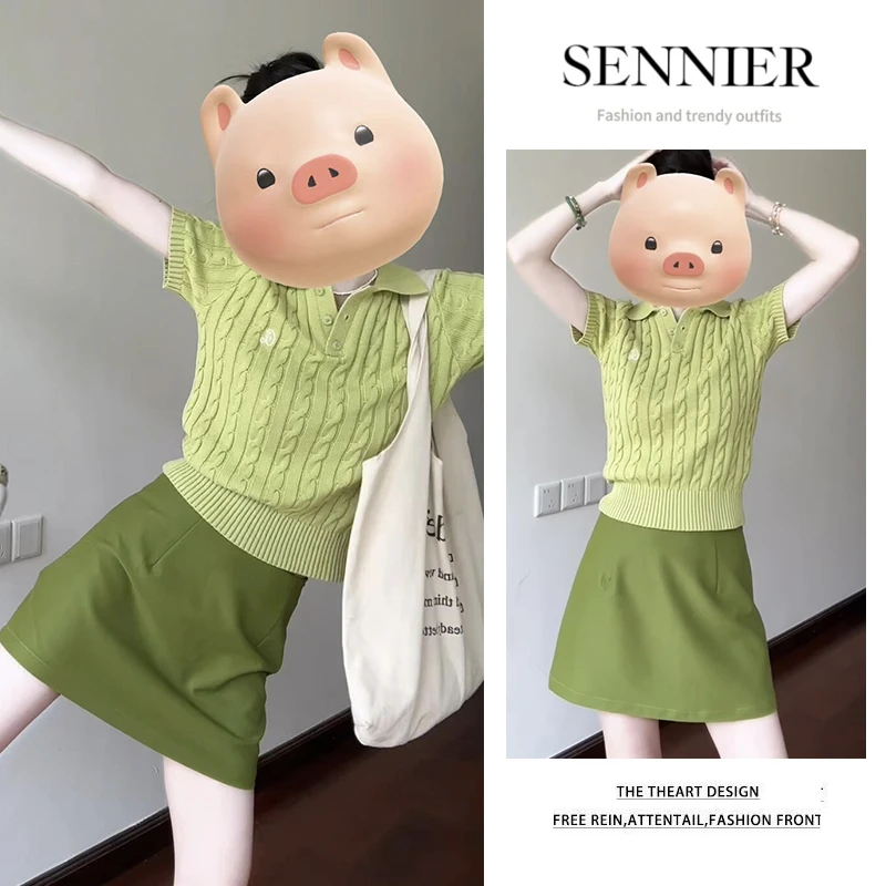 今年流行穿搭一整套2025夏季新款麻花针织翻领短袖显瘦短裙两件套