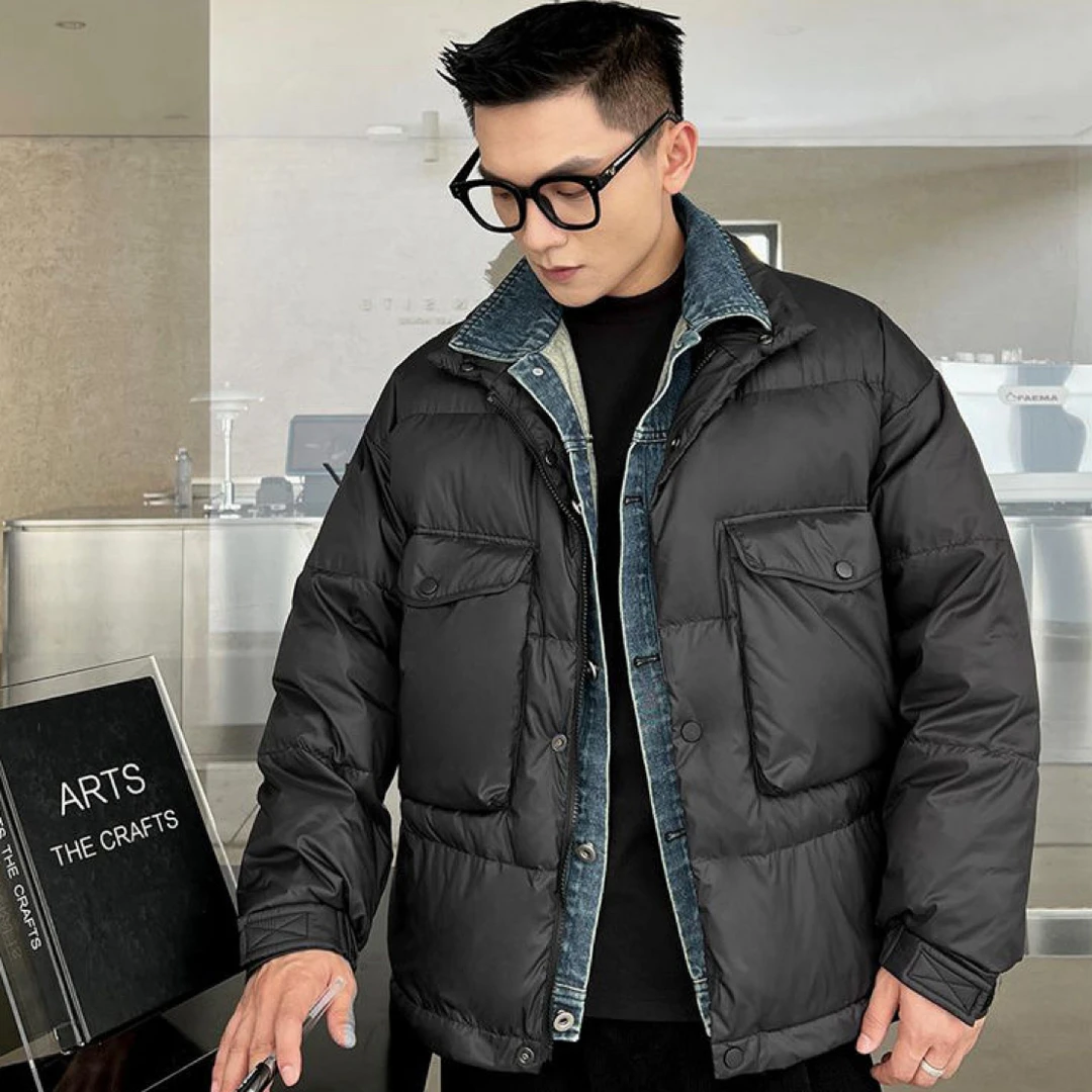 轻熟男士痞帅假两件牛仔领大口袋冬季情侣保暖工装棉服