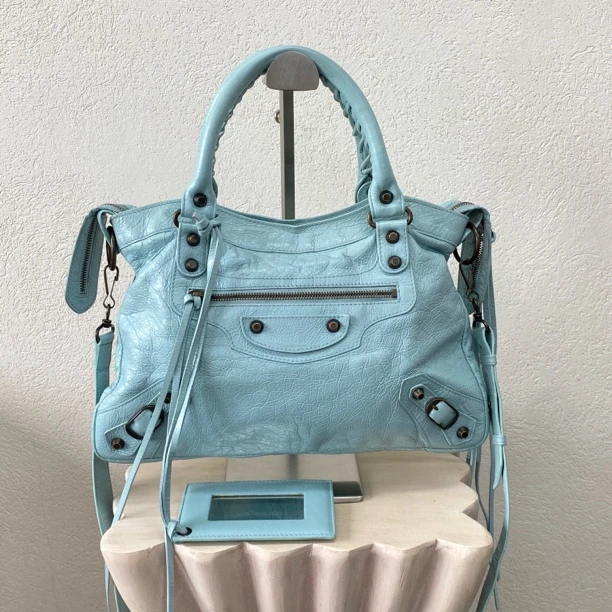 95新 Balenciaga/巴黎世家 蓝色小号机车单肩斜挎包