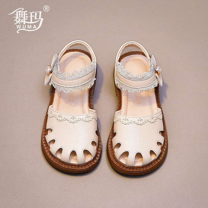 423353女童小童儿童真皮公主鞋2025新款夏款包头软底镂空夏季凉鞋