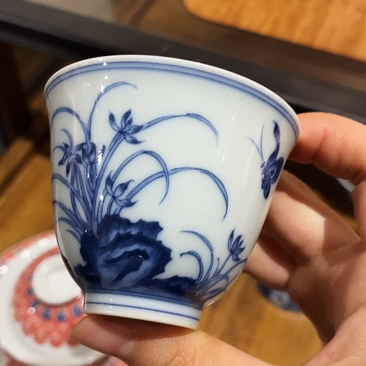 摆件陶青花兰草杯