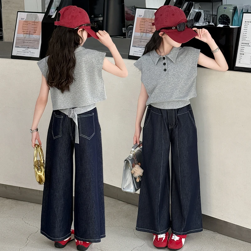 女童夏季两件套2025新款韩系女孩polo衫上衣休闲百搭阔腿裤两件套