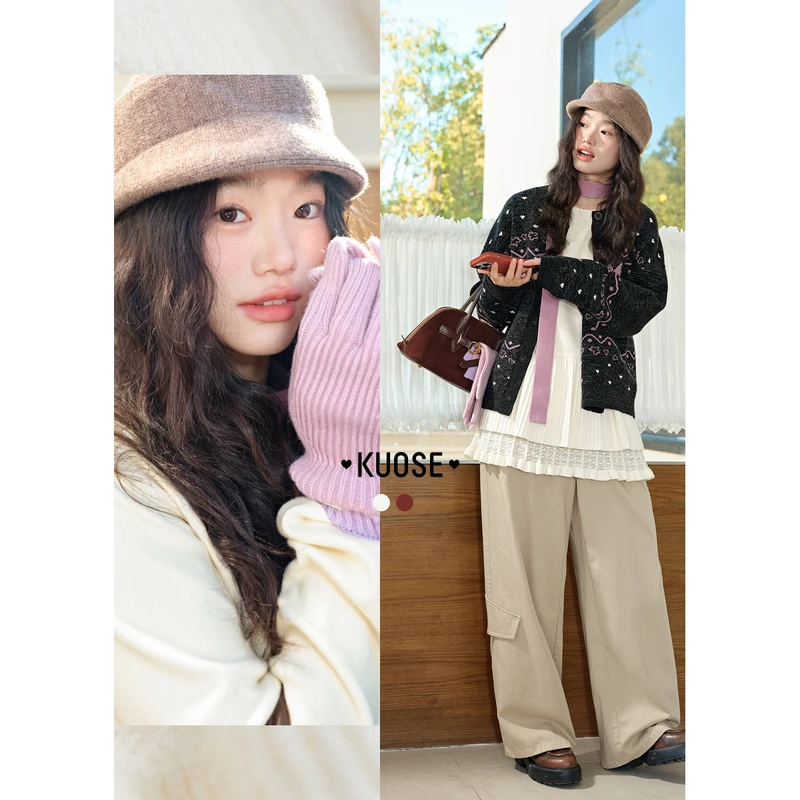 阔色蕾丝花边打底衫毛衣女2025秋冬新款法式气质针织衫KSH2509051