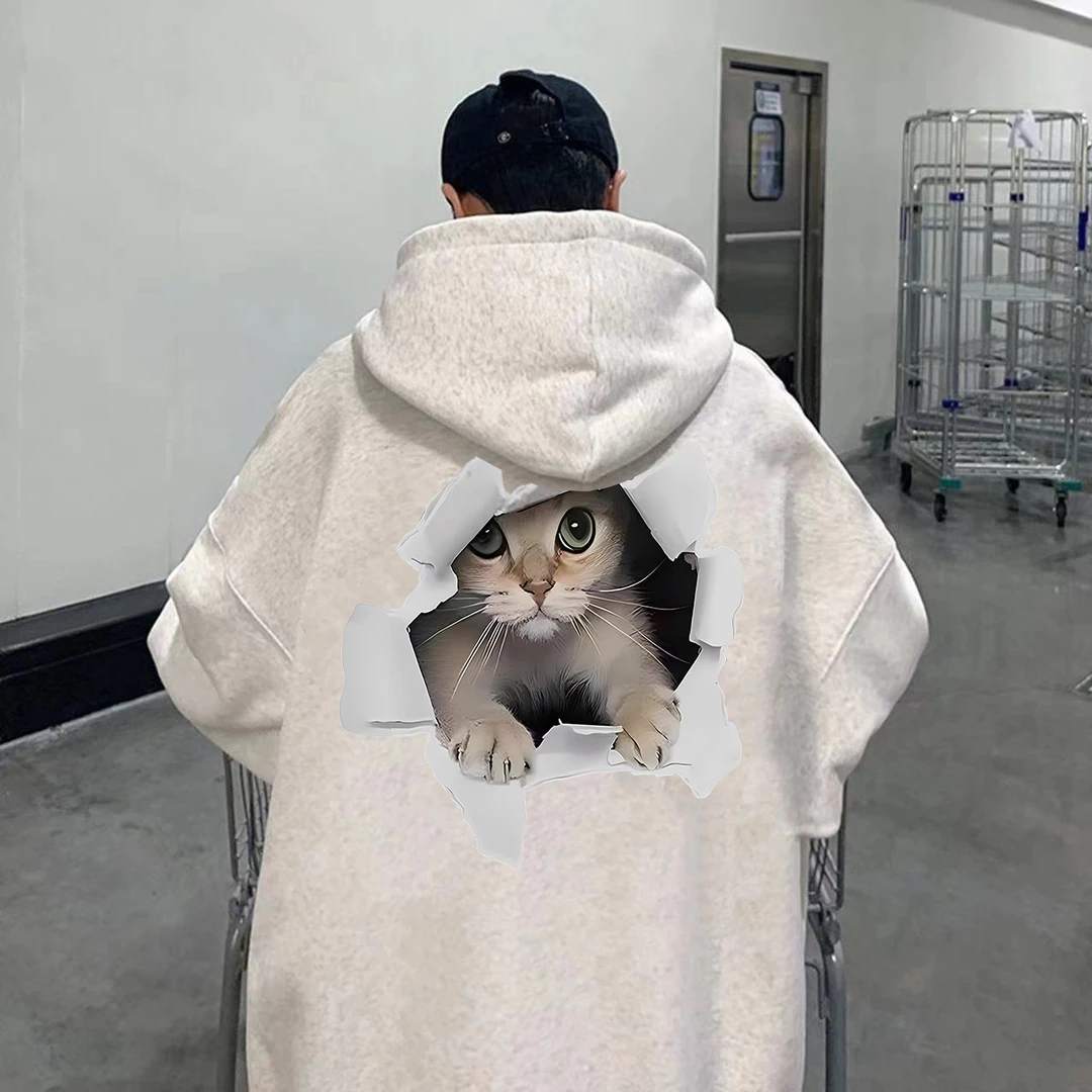 重磅加绒加厚男女同款秋冬新品猫咪印花潮牌百搭连帽卫衣外套ins