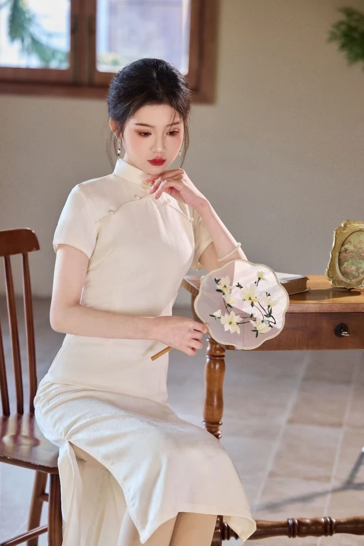 艺【玉洁】仿丝麻白色少女复古气质长款修身显瘦中国风旗袍长118