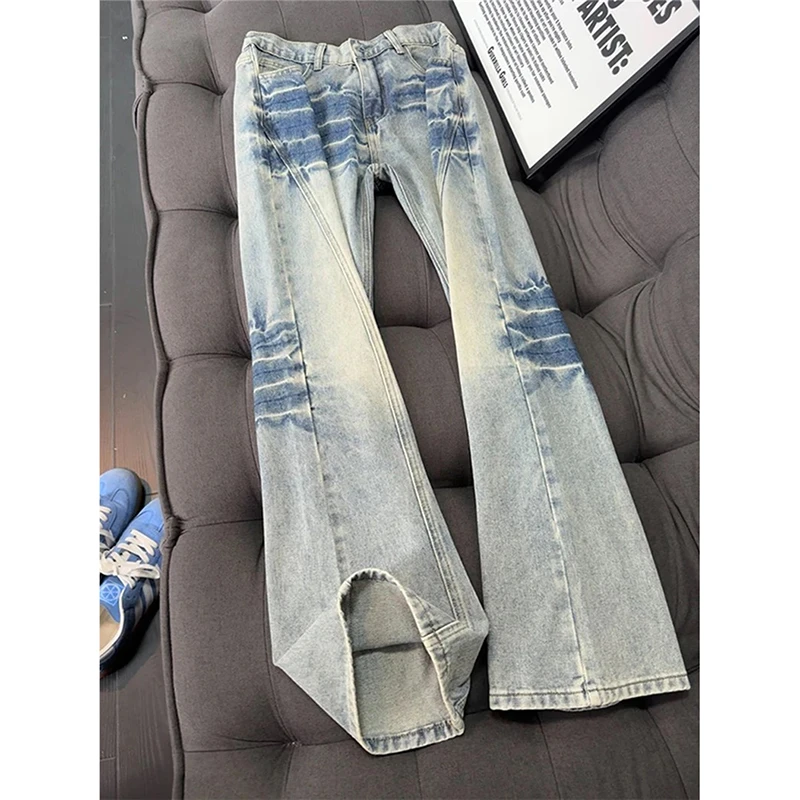 蓝色闪电纹微喇牛仔裤男款秋季美式高街裤子斜切显腿长窄版直筒裤