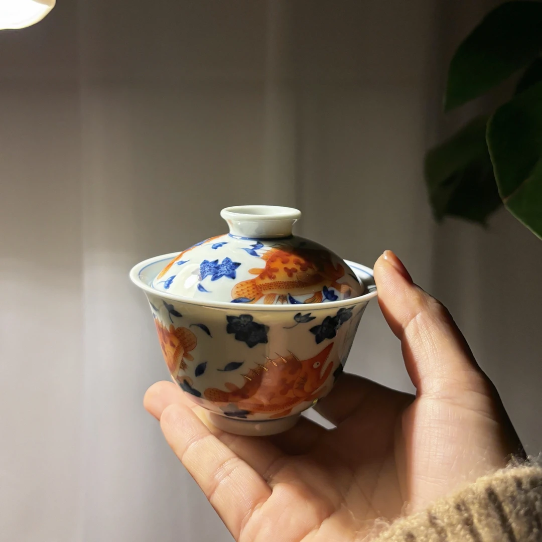 【南风】老矾红 桃花鳜鱼 描金盖碗 杯子 壶承