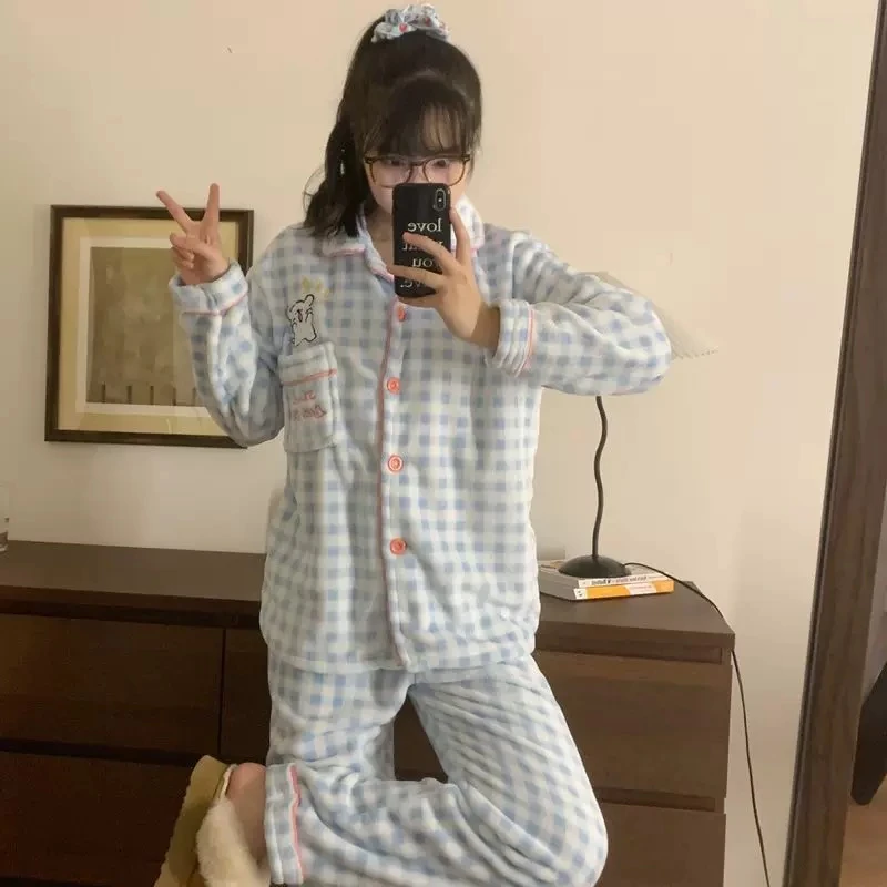 冬季可爱学生珊瑚绒睡衣女冬天格子翻领法兰绒少女加厚家居服套装