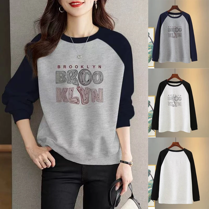 2025春秋百搭上衣卡通印花插肩袖圆领T恤女大码宽松慵懒风T恤潮