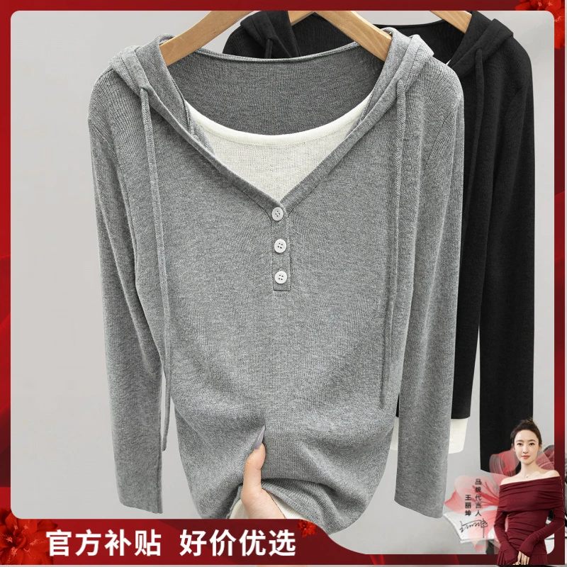 丝柏舍2025秋装新款女装时尚连帽撞色长袖假两件针织衫S53K2947Z