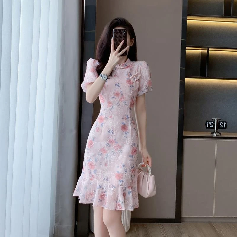 【JRXR女装】夏装新款女装减龄收腰显瘦高级感碎花改良版盘扣旗袍