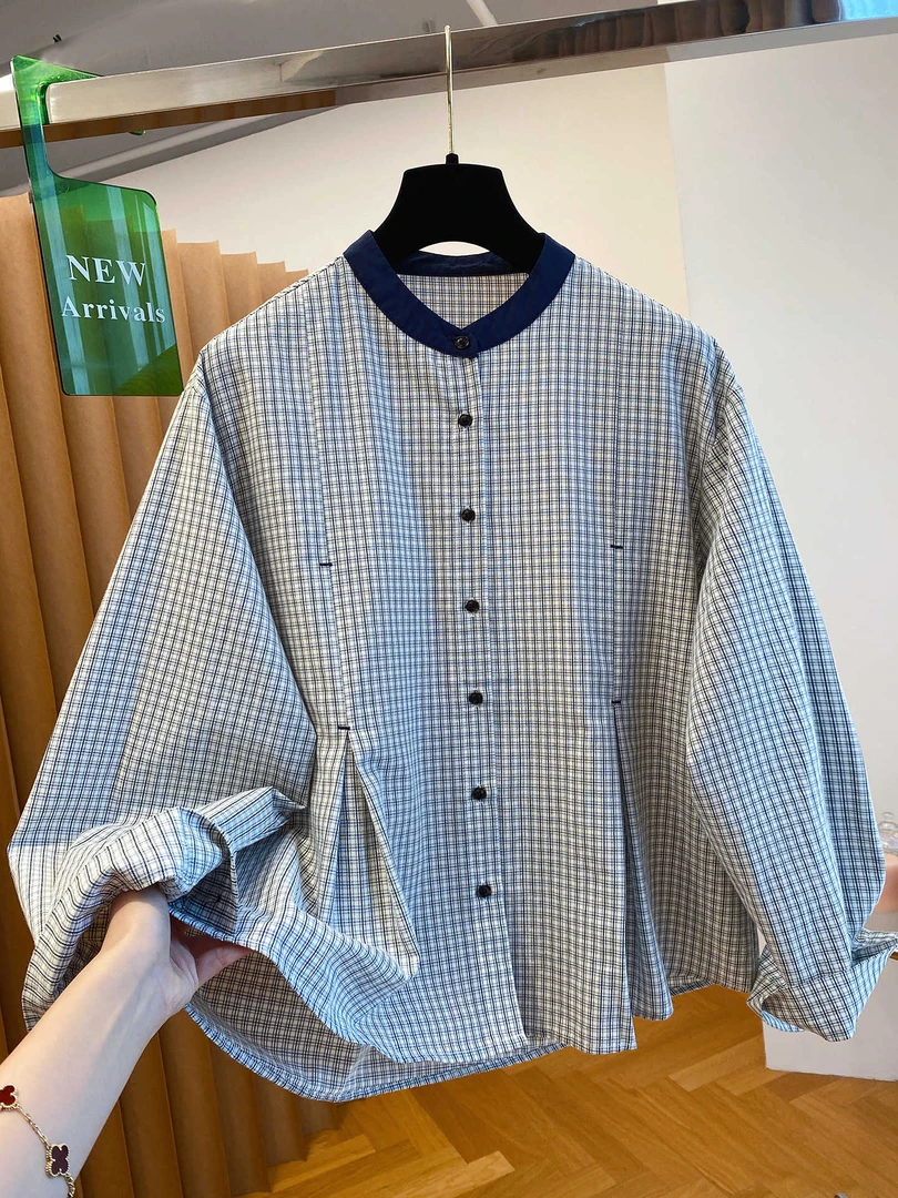 韩里韩气长袖复古格子衬衫女2025新款早秋宽松圆领小衫超好看上衣