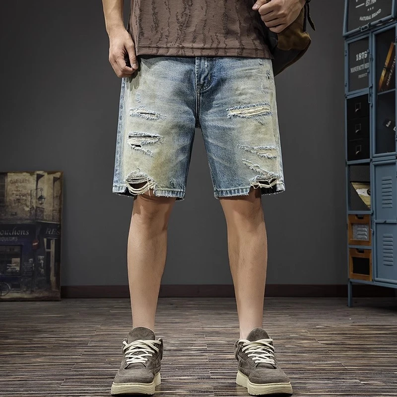 Cebrodz美式复古破洞牛仔裤男2025新款夏季宽松潮牌水洗直筒中裤