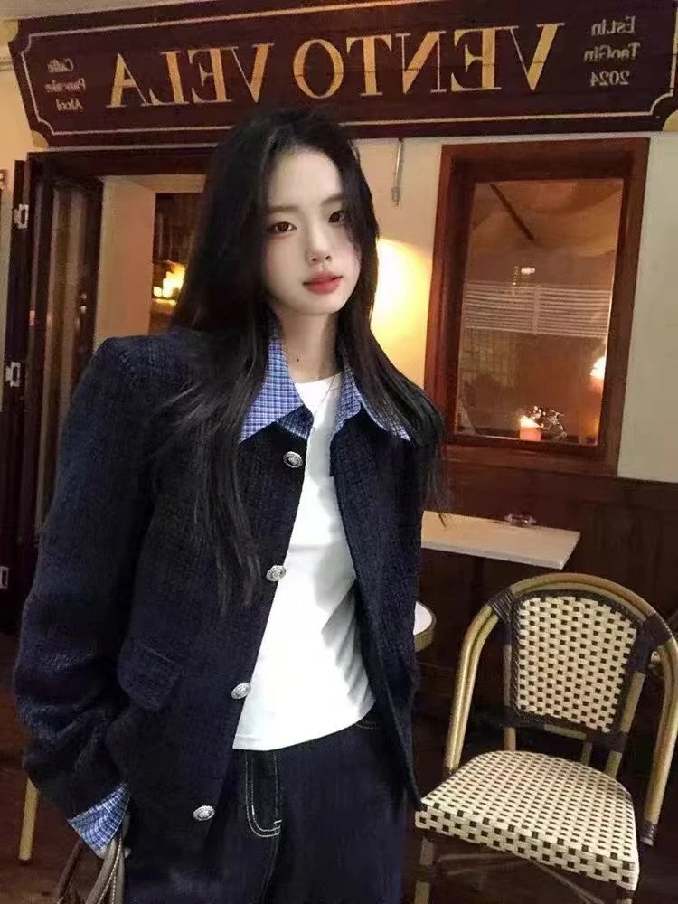 2025时尚韩版小香风气质短款百搭显瘦翻脸假两件外套