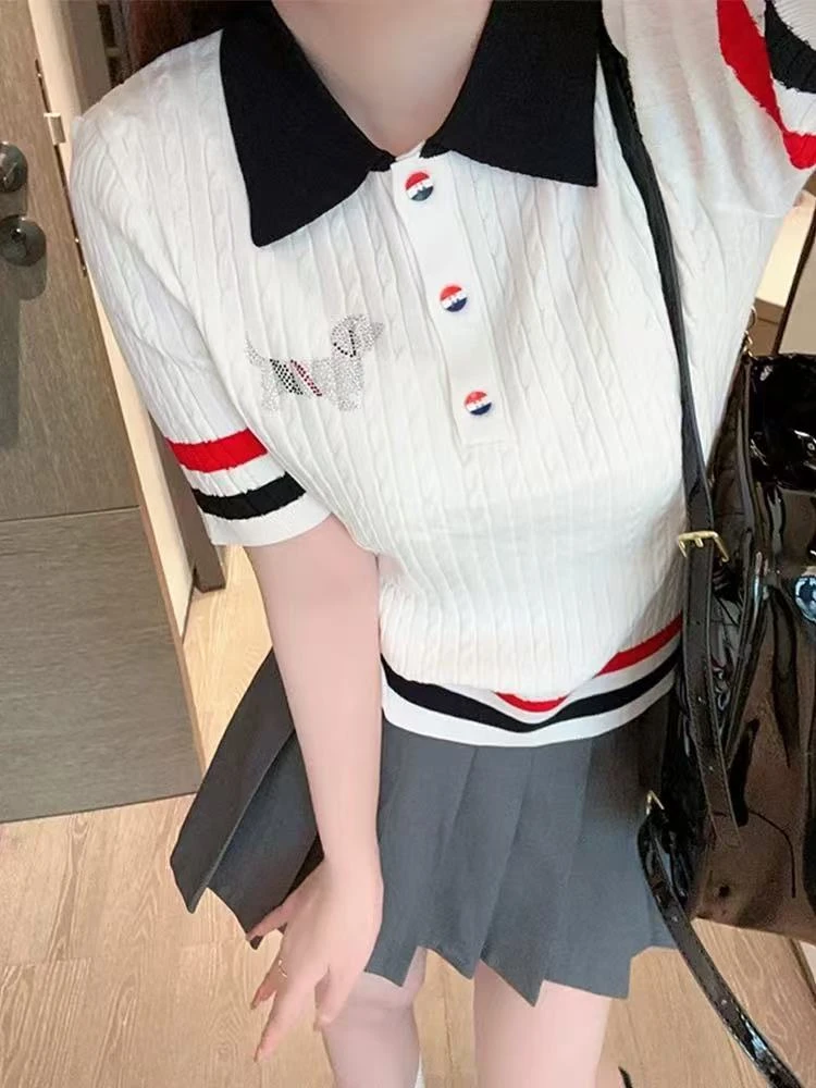 【晨浠定制】新款时尚学院风烫钻小狗冰丝上衣3501