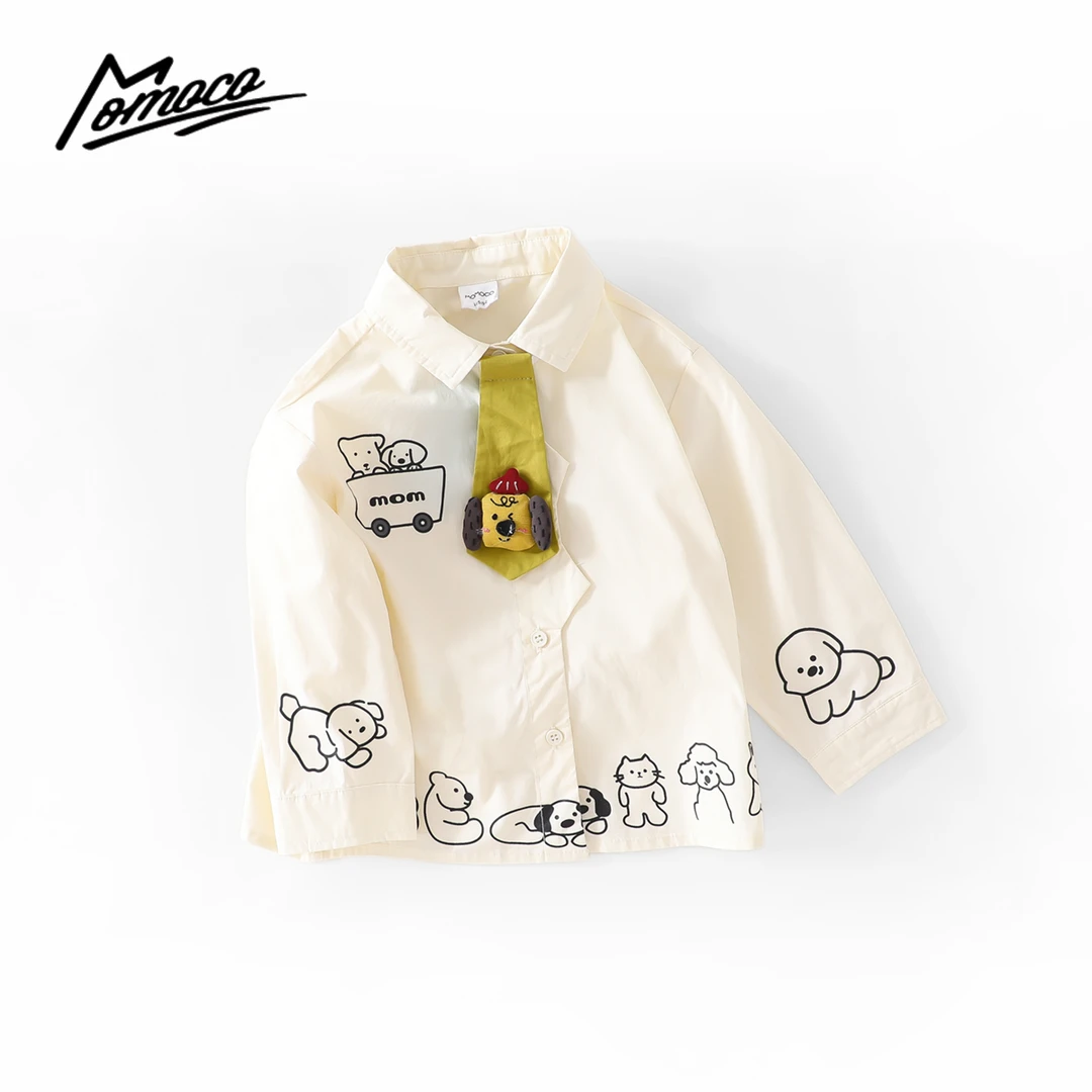 MOMOCO2025款春季欧若风男童韩系公仔领带印花衬衫77130234009