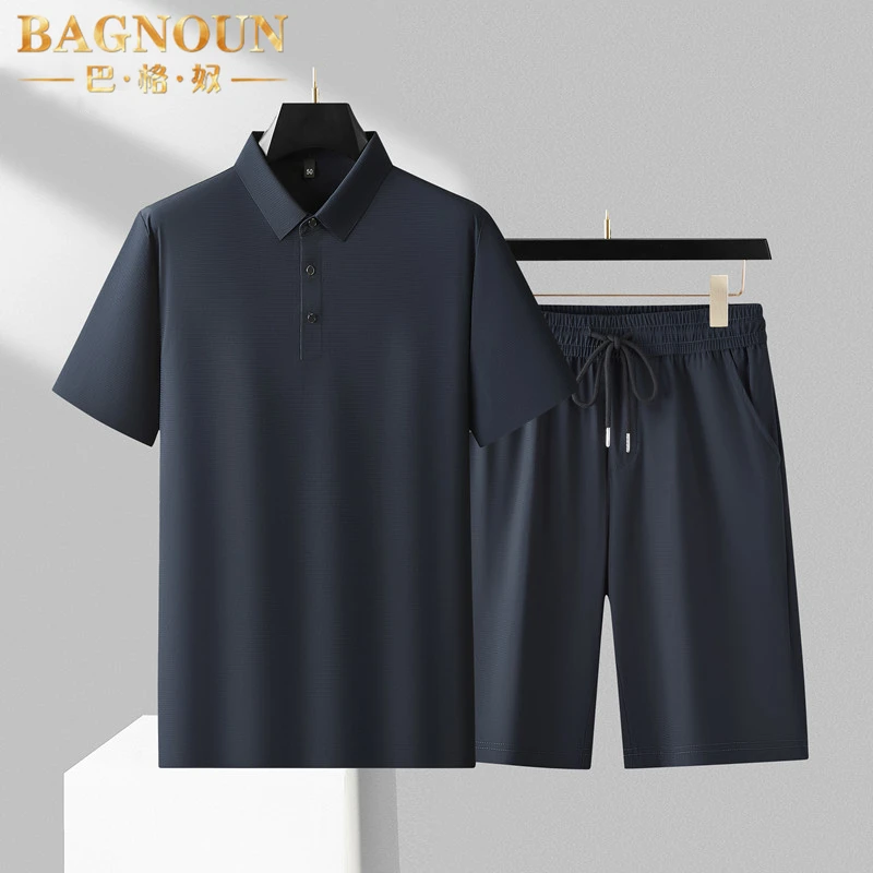 巴格奴休闲运动套装男士夏季时尚冰丝中年爸爸装短袖polo衫两件套