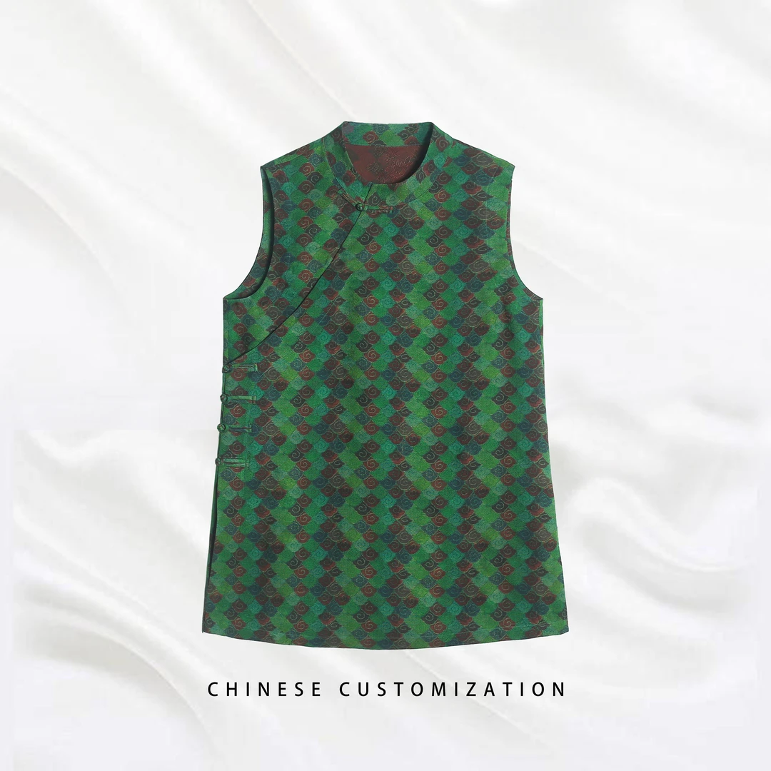 【正阳翡翠绿】满分桑蚕丝红云纱花萝 中式中长马甲连衣裙25QY302