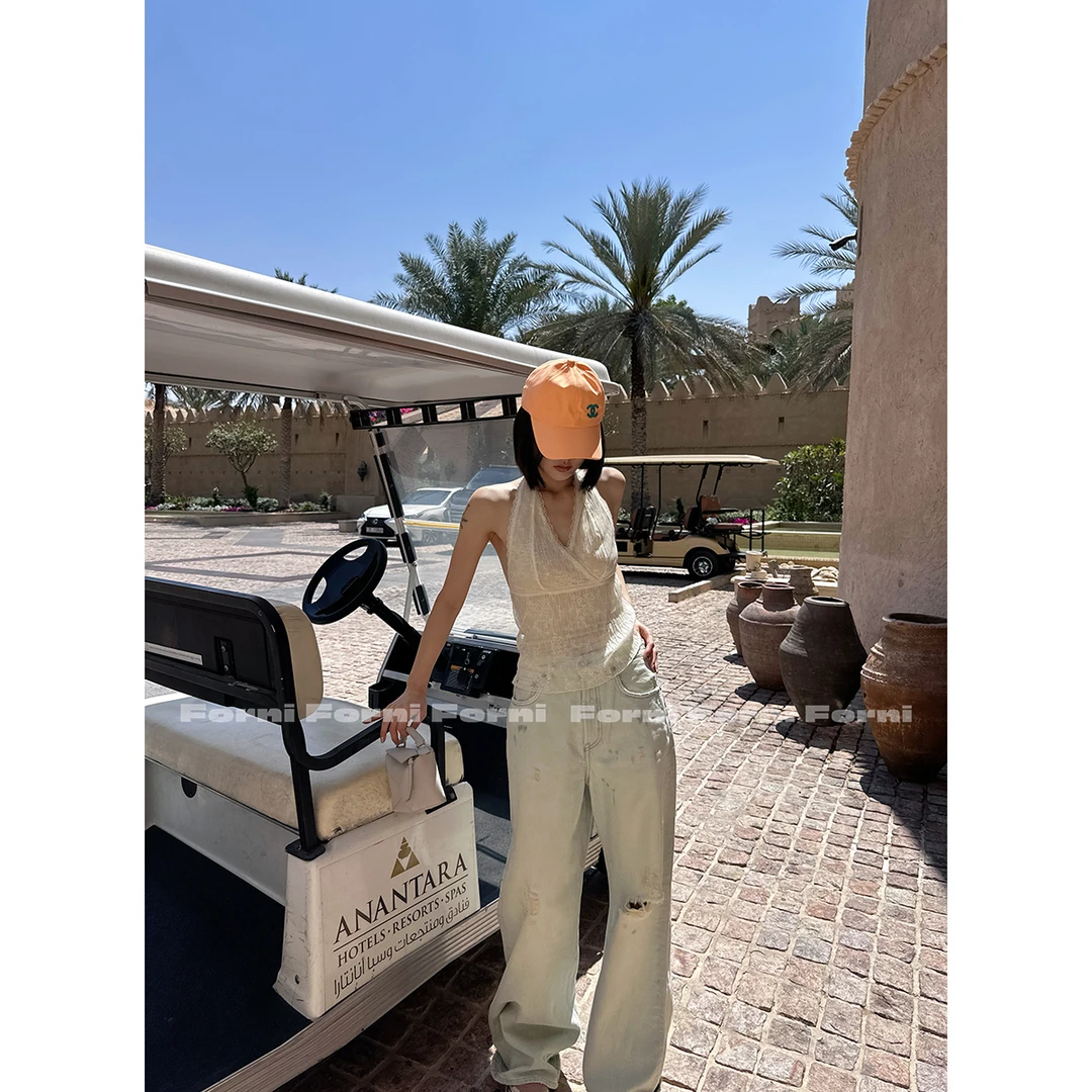 FORNI highline牛仔专线  Ac*e同款不规则水洗做旧破洞浅蓝牛仔裤