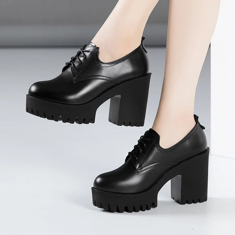 2025秋冬新款深口单鞋女粗跟厚底防水台系带圆头大码加绒高跟鞋女