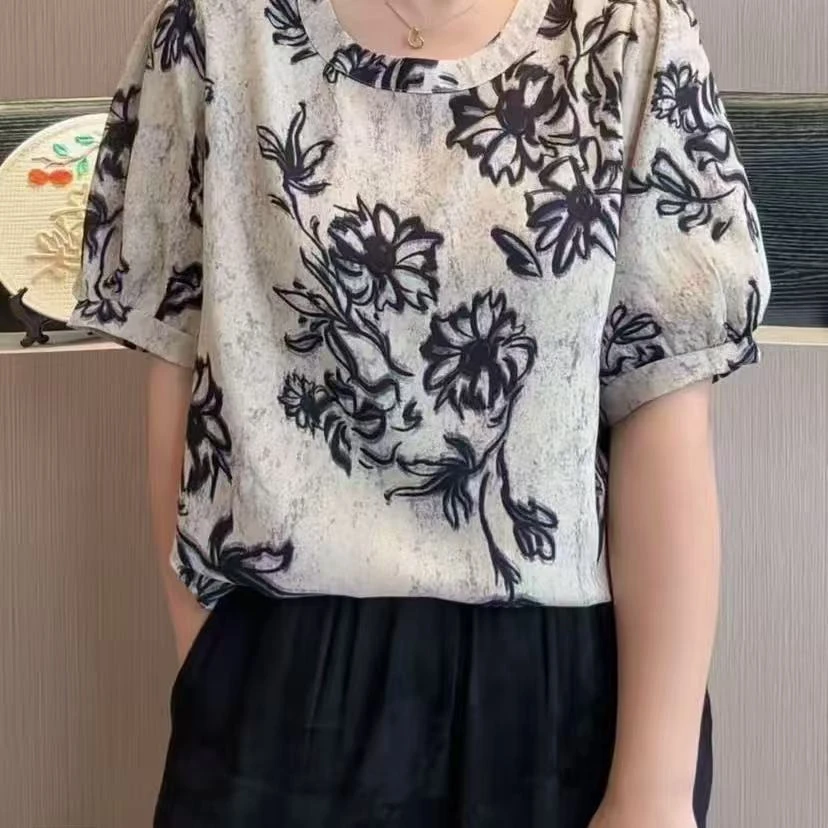 大梦夏季新款遮肚子宽松显瘦圆领短袖中老年妈妈装T恤