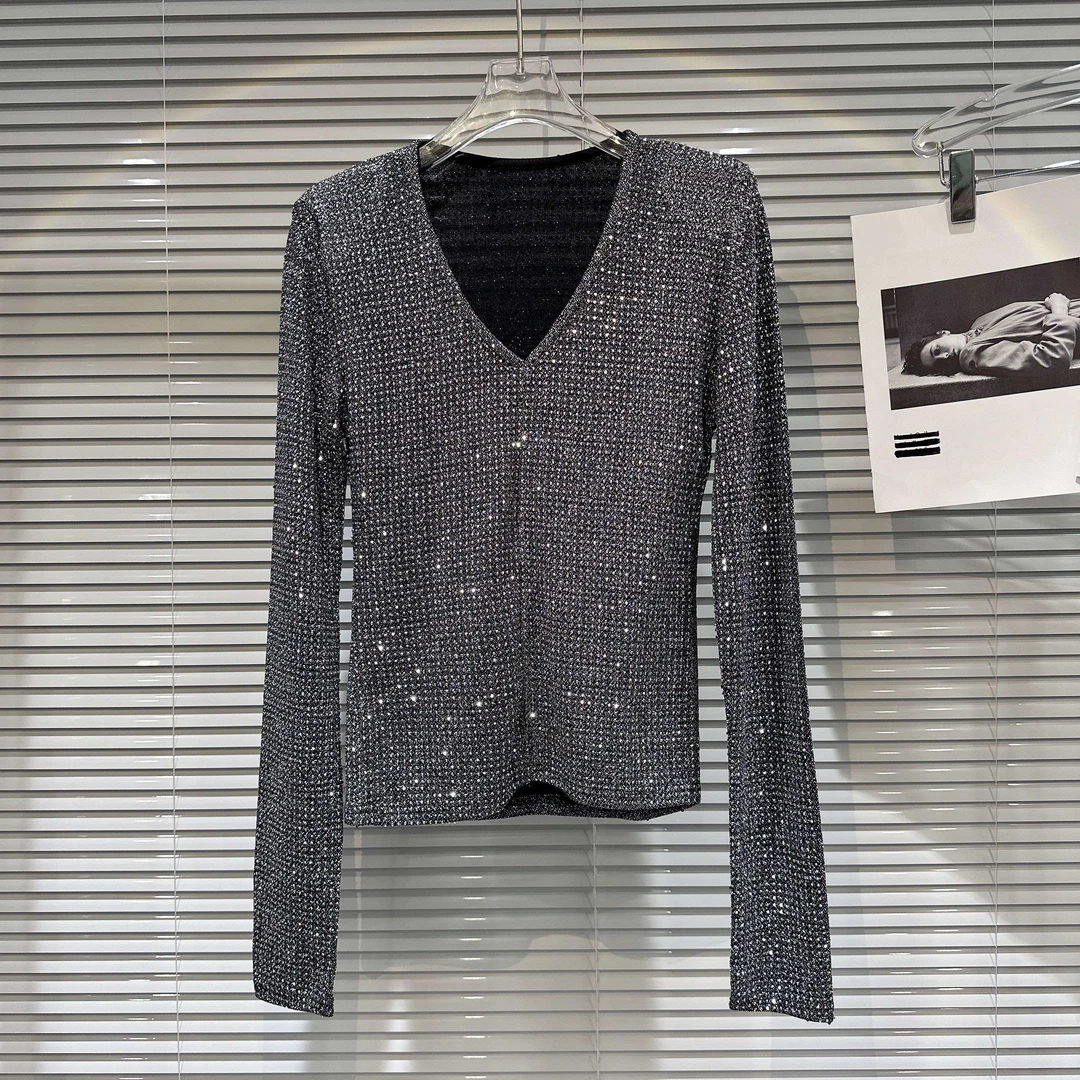 网红同款2025秋季新款小众名媛V领满身水钻烫钻亮丝T恤衫小衫女