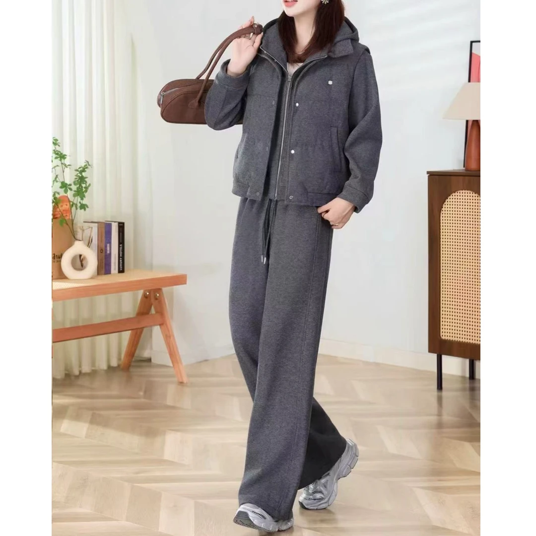 【锦衣服饰】HFR 2503韩系减龄连帽拉链卫衣阔腿裤棉马甲三件套