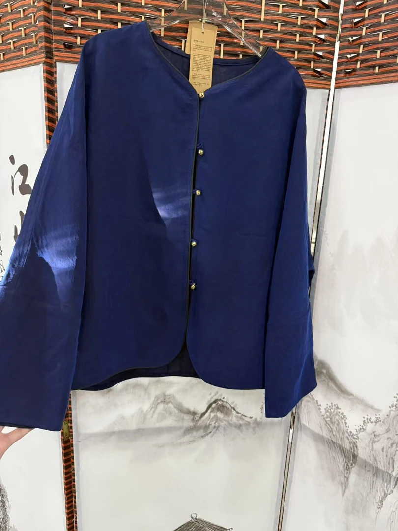 复古香云纱蓝龟裂纹真丝开衫女宽松显瘦新中式【100%桑蚕丝】C015