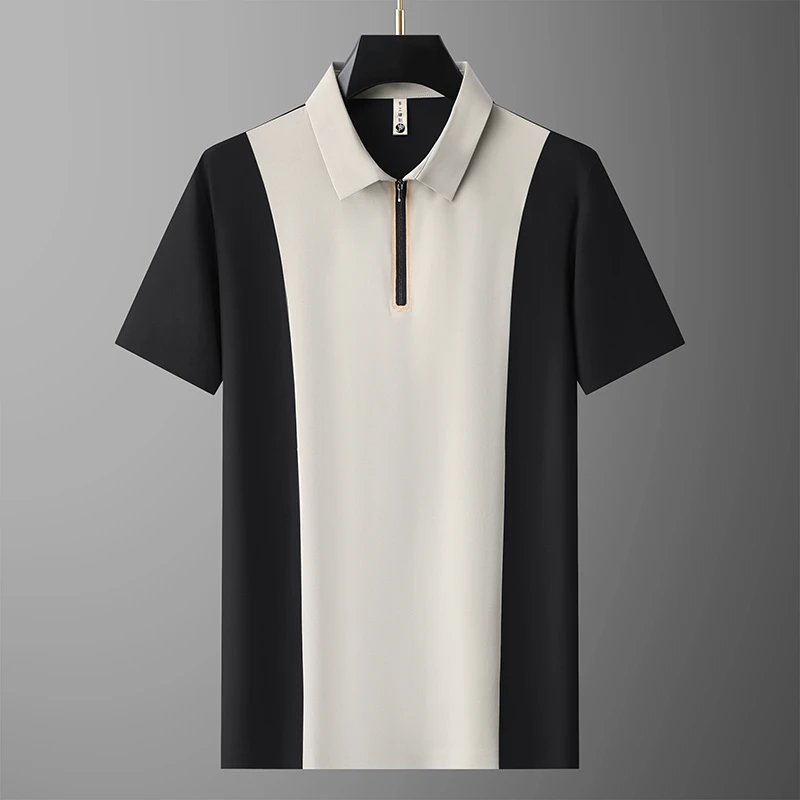 高大胖大码男装夏季半拉链翻领拼色短袖T恤宽松休闲凉感POLO衫