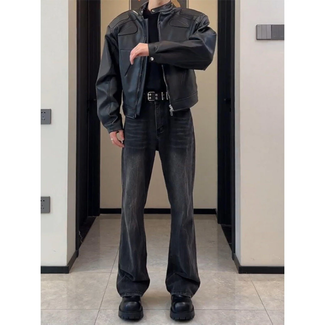 黑色水洗渐变牛仔裤男款春秋美式高街微喇裤潮牌宽松直筒vibe裤子