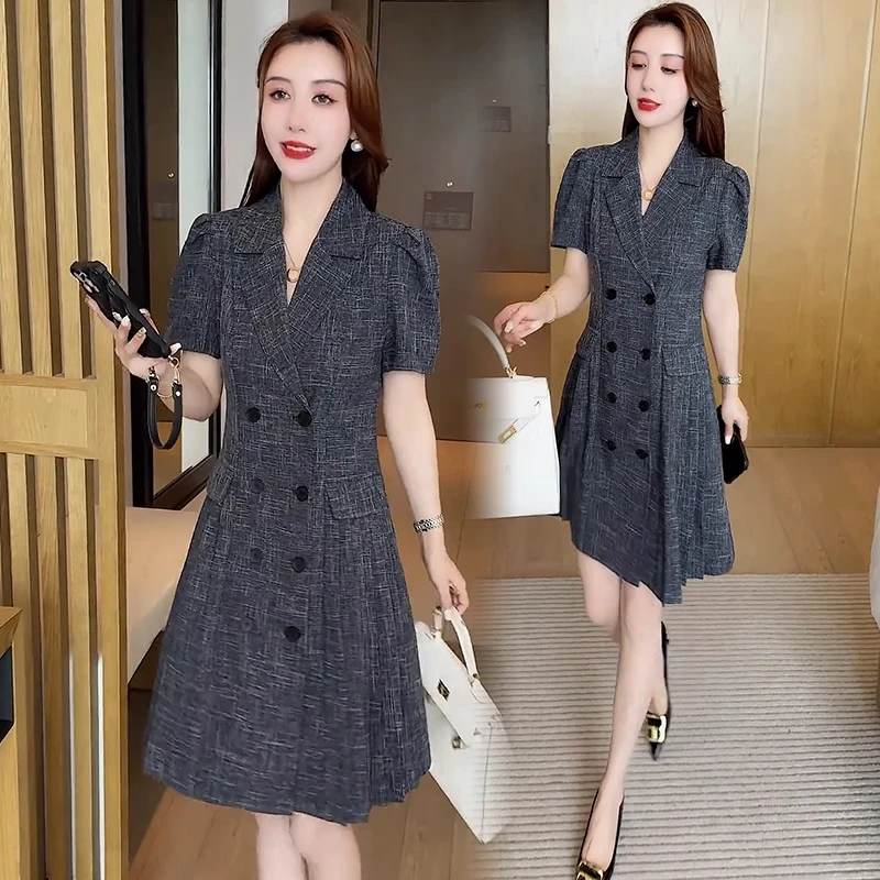 时尚气质连衣裙女2025夏季新款洋气显瘦小个子双排扣百褶西装裙子