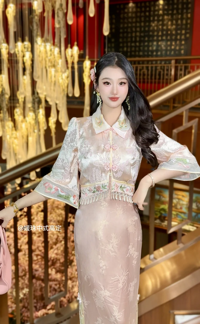 【媛珠 春意阑珊】重工桑蚕丝新中式贵气提花收腰显瘦上衣短款绣花