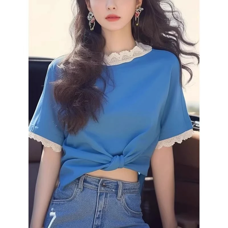 2025独特好看拼接设计别致上衣T恤女夏季新款蓝色蕾丝短袖多巴胺