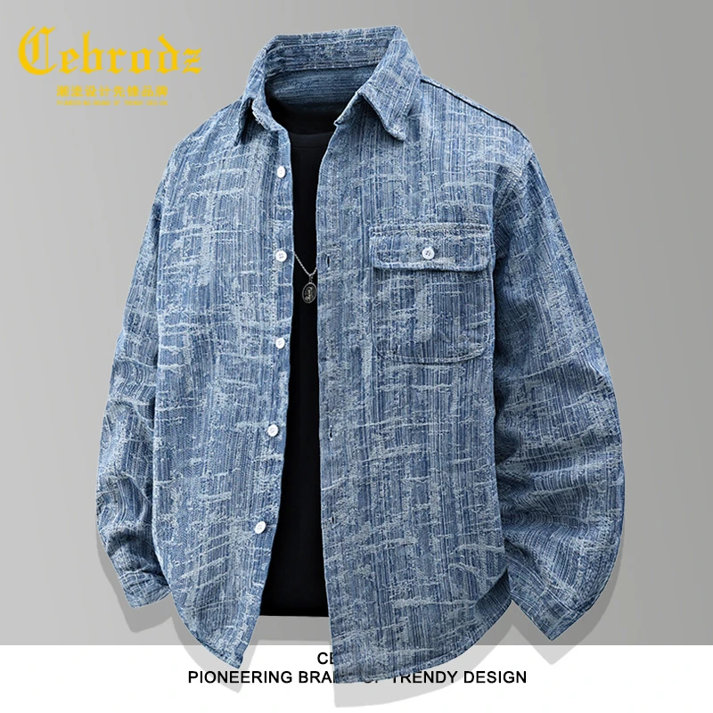 法国Cebrodz2025新款水洗宽松秋冬季翻领夹克潮提花牛仔外套男士