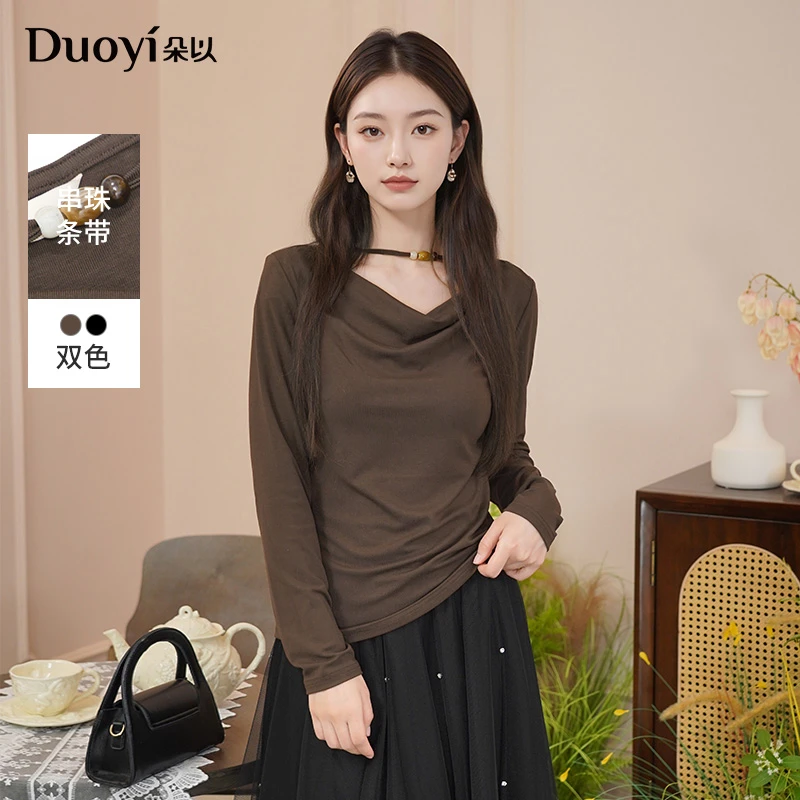 朵以2025秋季新款气质时尚优雅荡领修身显瘦长袖针织衫40VQ335007