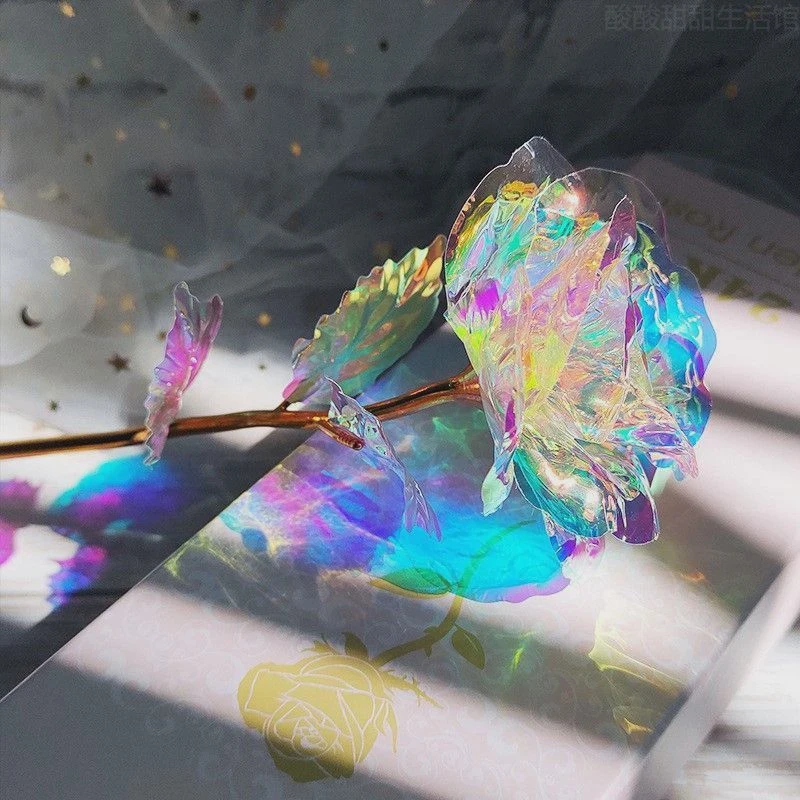 七彩水晶七夕情人节玫瑰花仿真花玫瑰玫瑰花镭射炫光假花摆件