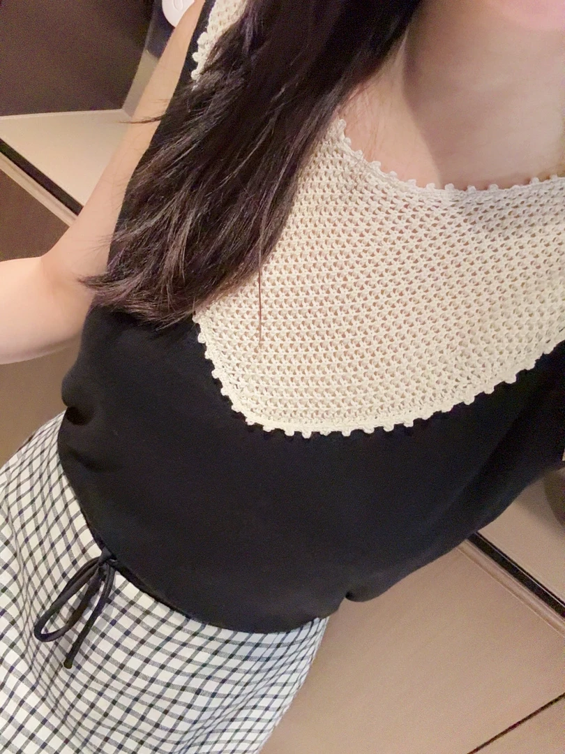 织机亚麻定制夏日凉感静奢风气质撞色针织背心上衣休闲慵懒I6296