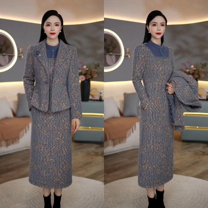 秋冬新款外套+连衣裙优雅贵妇气质两件套6365