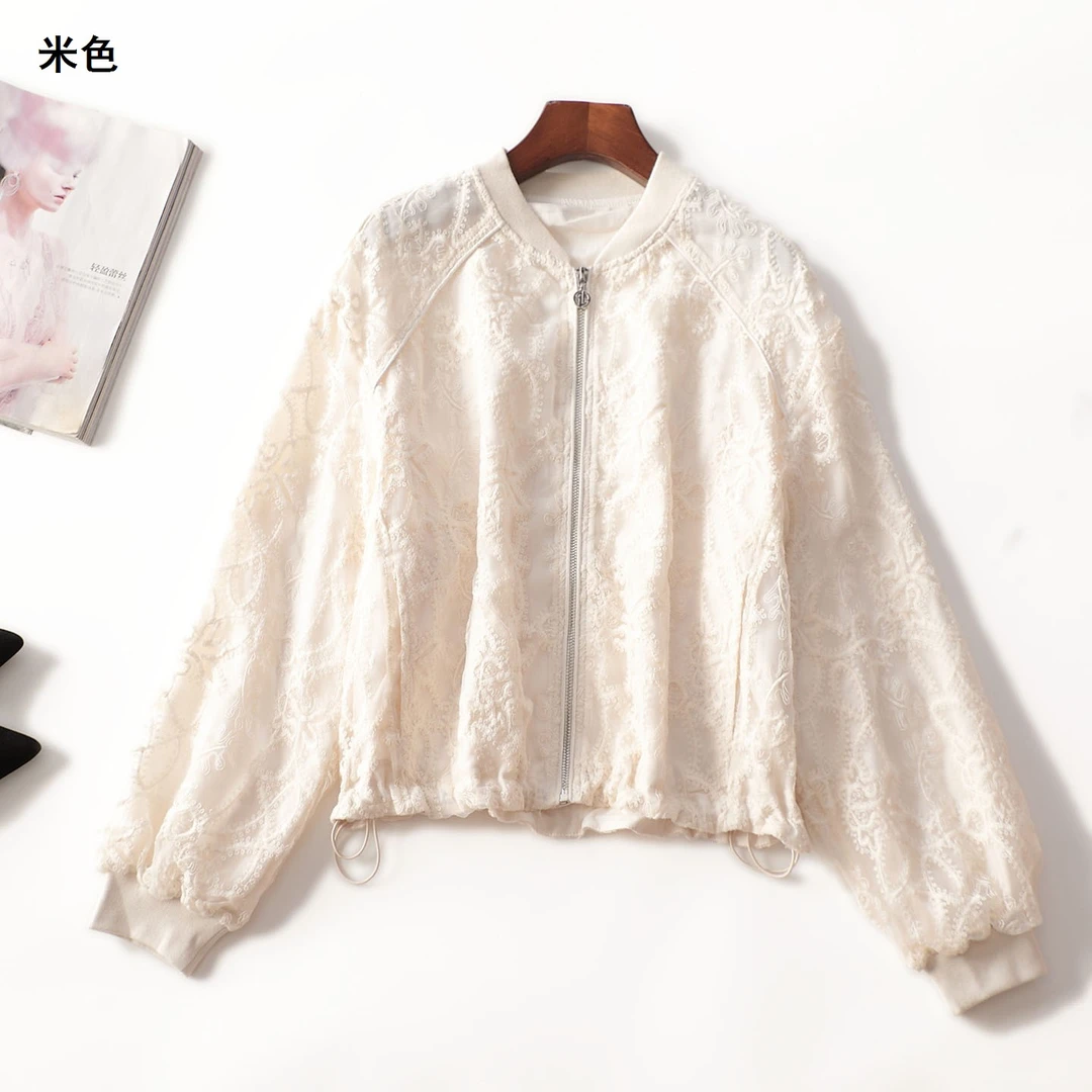 412139秋短款长袖拉链外套外搭薄款上衣短外套米色蕾丝女装休闲