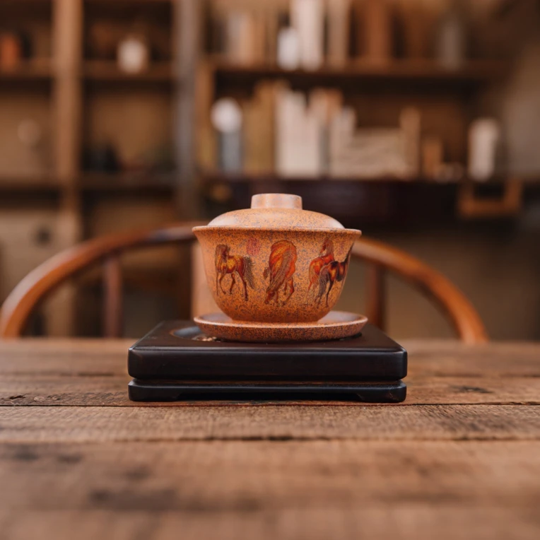 宜兴原矿紫砂纯手工手绘家用八骏图茶道正宗大容量柴烧三才盖碗