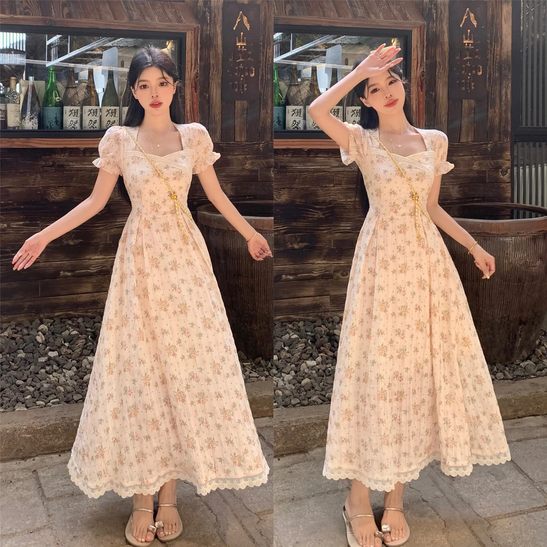 大码胖mm法式甜美碎花泡泡袖连衣裙女夏季新款蕾丝拼接a字长裙子