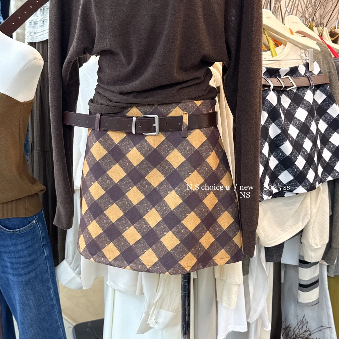 NS CHOICE U复古气质撞色菱格纹辣妹显瘦短款半身裙(配腰带)6166