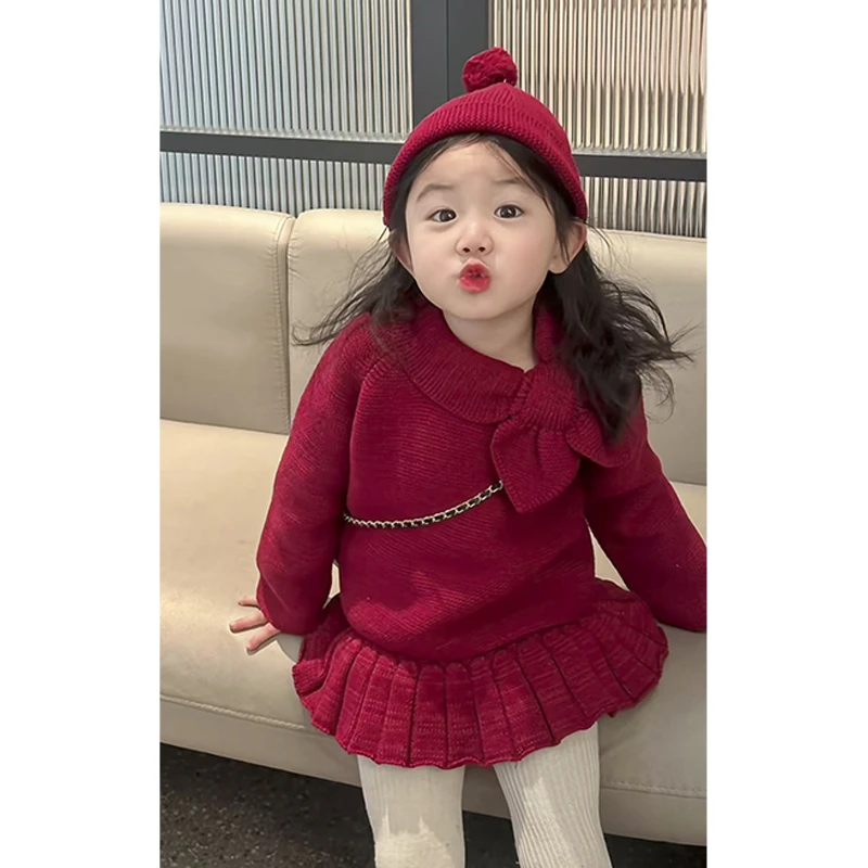 壹妈童装女童新年战袍套装春秋儿童小香风红色针织毛衣百褶半身裙