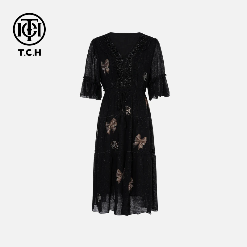 TCH私服烫钻工艺时尚休闲百搭蝴蝶结连衣裙女T75B30E1035轻奢tch