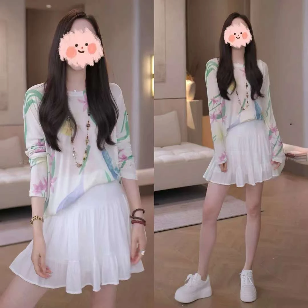 新款出游夏季穿搭防晒长袖罩衫上衣百搭蛋糕裙裤套装减龄衣服女