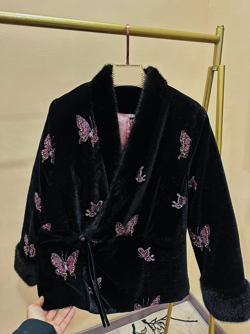 【蝶舞】气质加棉加厚冬季亮片上衣新中式国风宽松绣花女装丝绒外套